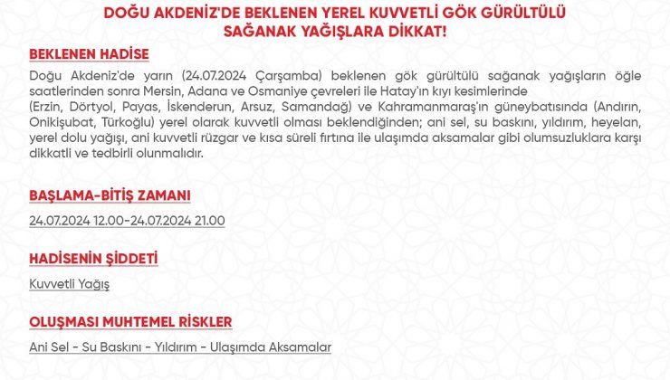 AFAD’DAN HATAY İÇİN SAĞANAK UYARISI