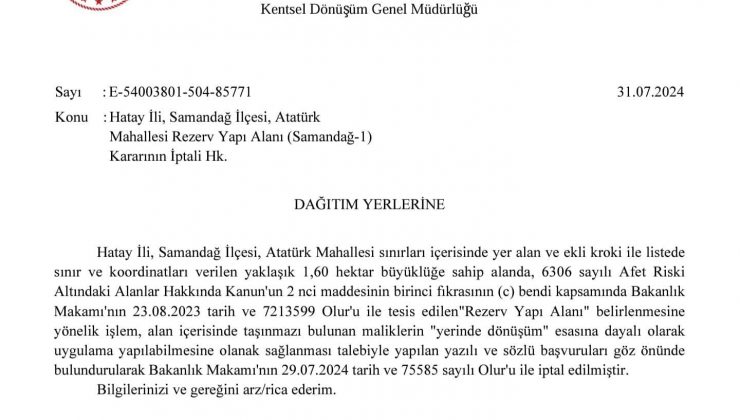 SAMANDAĞ’DA REZERV ALAN UYGULAMASI KALDIRILDI