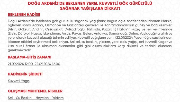 HATAY VALİLİĞİ’NDEN METEOROLOJİK UYARI