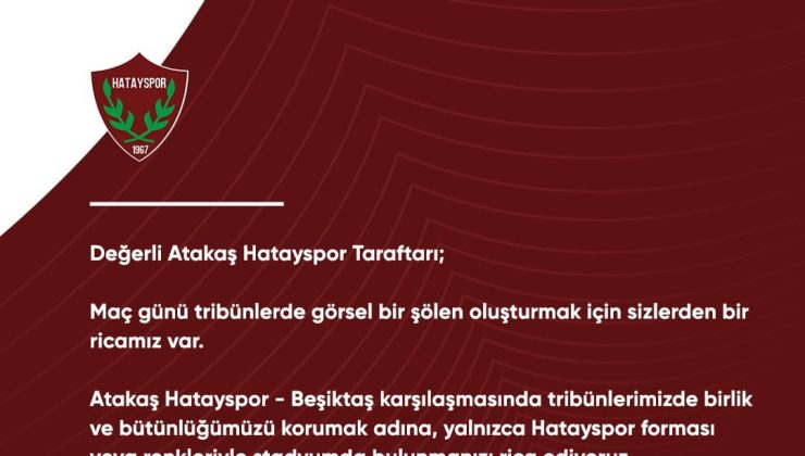 HATAYSPOR BEŞİKTAŞ MAÇINA FARKLI FORMALI TARAFTARLAR ALINMAYACAK