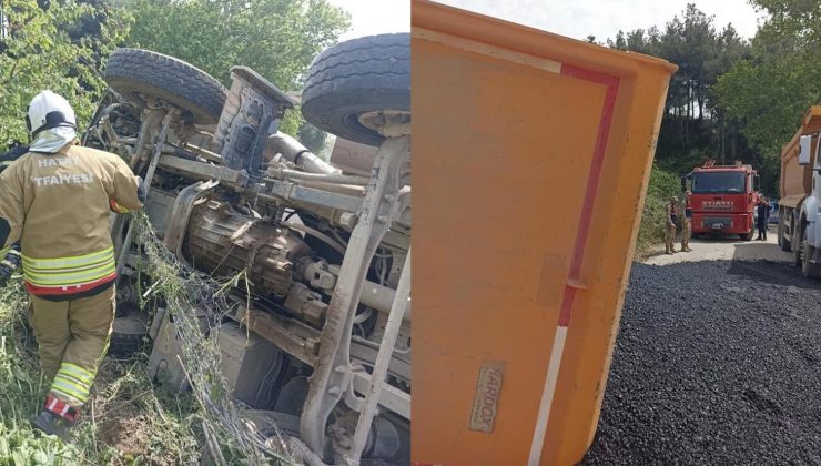 YAYLADAĞI’NDA ASFALT YÜKLÜ KAMYON DEVRİLDİ: 1 YARALI