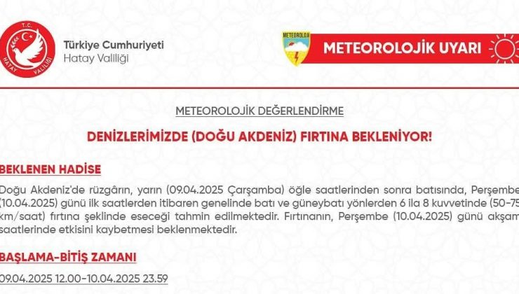 HATAY İÇİN FIRTINA UYARISI