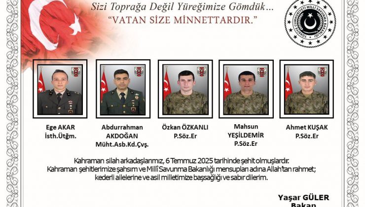 PENÇE-KİLİT HAREKAT BÖLGESİNDE METAN GAZINA MARUZ KALAN 5 ASKER ŞEHİT OLDU