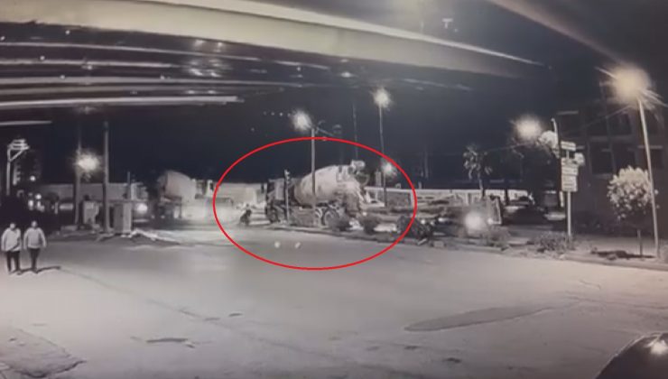 BETON MİKSERİNİN EZDİĞİ MOTOSİKLETİN SÜRÜCÜSÜ SON ANDA KURTULDU 