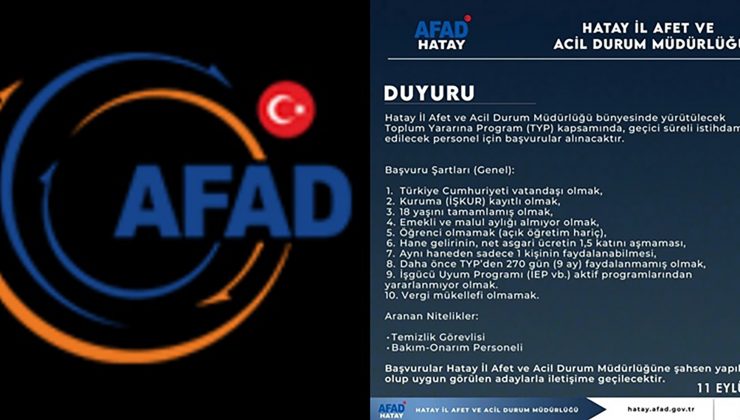 HATAY AFAD, TYP KAPSAMINDA GEÇİCİ PERSONEL ALACAK