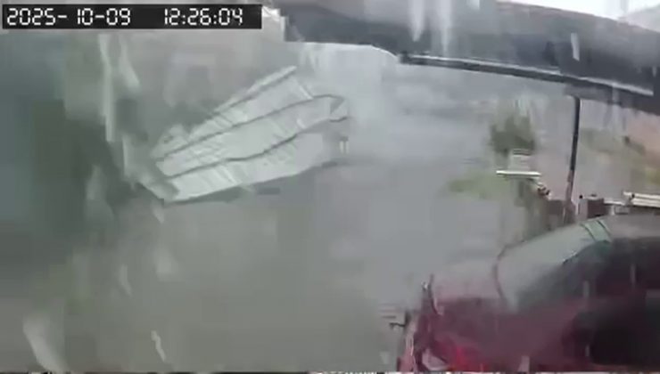 FIRTINANIN KONTEYNER EKMEK BÜFESİNİ VE ÇATIYI UÇURDUĞU ANLAR KAMERAYA YANSIDI   