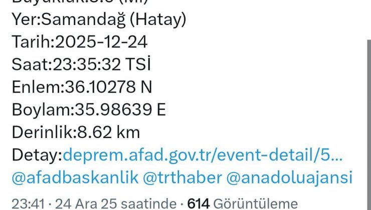 HATAY’DA 3,6 BÜYÜKLÜĞÜNDE DEPREM   