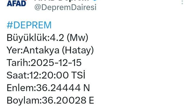 HATAY’DA 4.2 ŞİDDETİNDE DEPREM