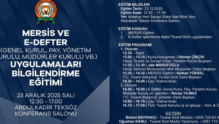 HATAY TSO’DA MERSİS VE E-DEFTER EĞİTİMİ VERİLECEK